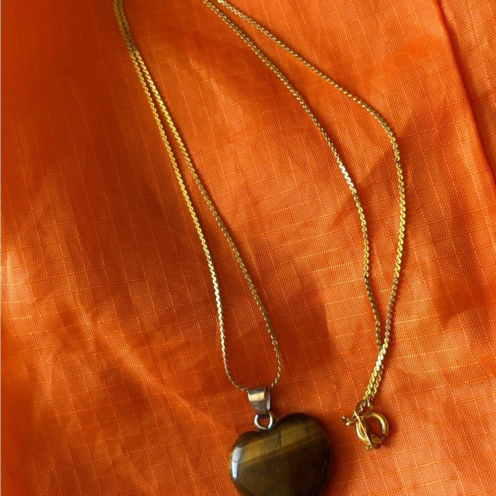 Gold-Tone Tiger Eye Heart Pendant Necklace